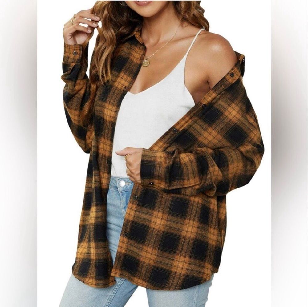 B Black/Orange Plaid Flannel Shirt-Oversized Long Sleeve Button Down Size M
